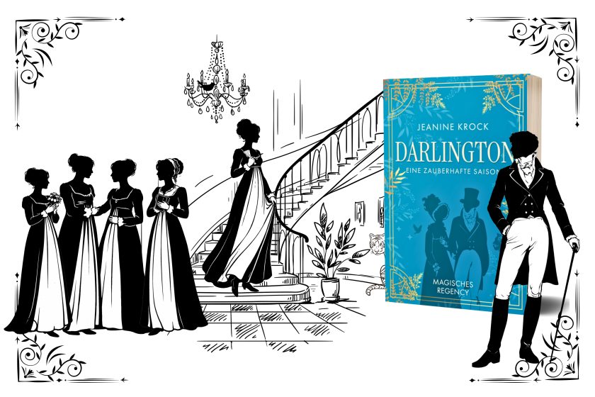 Regency-Salon mit den Darlington-Schwestern und dem Duke, schwarz-weiße Grafik.