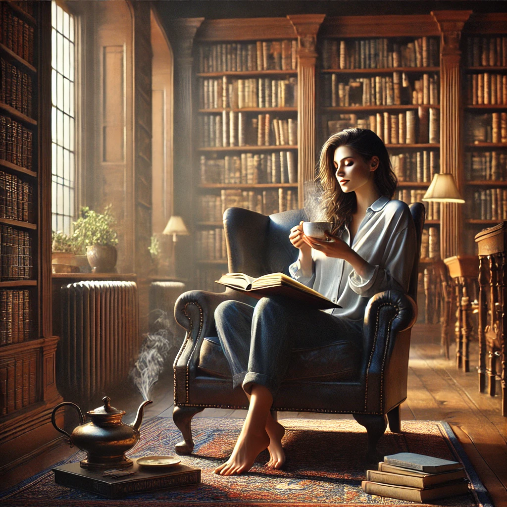 KI-generiertes Bild: Junge Frau in Jeans, weitem hellblauem Hemd, braunen, langen Haaren sitzt barfuß in einem alten Ledersessel in einer historischer Bibliothek, liest und trinkt Tee. 