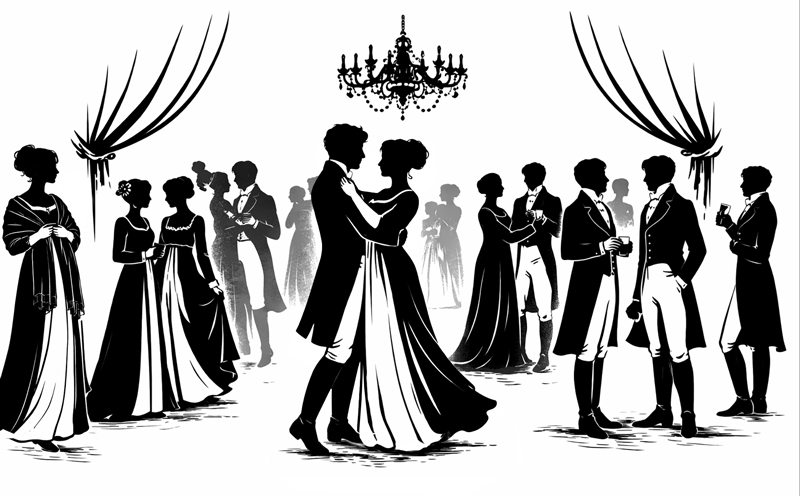 Schwarzweiße Grafik, Ballszene in der Regency-Zeit